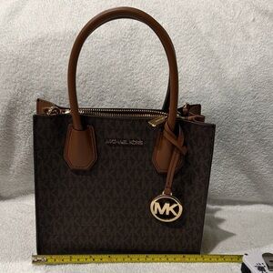 Michael Kors Brown Monogram Satchel with Gold Charm